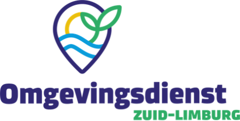 Logo van Omgevingsdienst Zuid-Limburg met een locatiepin met een blad, een zon en blauwe golven boven de naam van de organisatie.