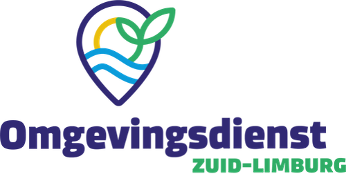 Logo van Omgevingsdienst Zuid-Limburg met een locatiepin met een blad, een zon en blauwe golven boven de naam van de organisatie Logo van Omgevingsdienst Zuid-Limburg met een locatiepin met een blad, een zon en blauwe golven boven de naam van de organisatie.
