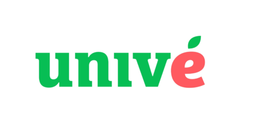 Op de afbeelding staat het woord „univé“ in vetgedrukte groene letters, behalve de laatste „é“, die roze is en waarboven een groene bladvorm staat.