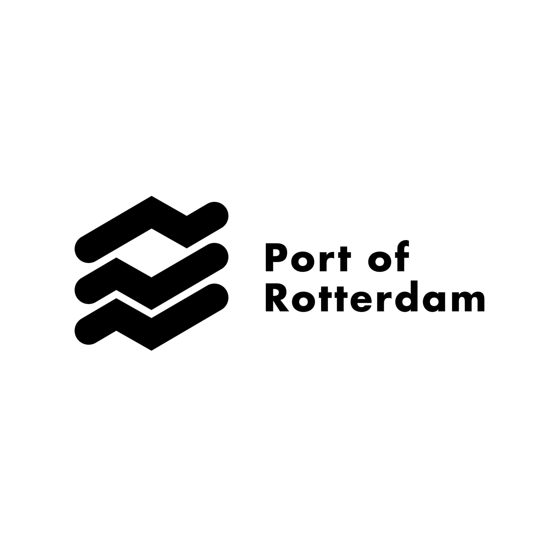 Het logo van de Haven van Rotterdam, bestaande uit drie op elkaar gestapelde zwarte geometrische vormen links van de vetgedrukte zwarte tekst „Port of Rotterdam” op een witte achtergrond.