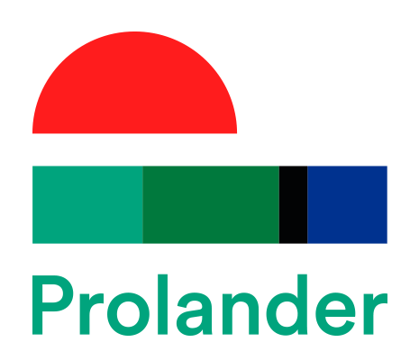 Een rode halve cirkel boven vier rechthoekige blokken in blauwgroen, groen, zwart en blauw, met daaronder het woord „Prolander” in het groen.