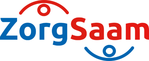 Het ZorgSaam-logo met blauwe en rode tekst. Boven en onder de woorden staan gestileerde menselijke figuren in bijpassende kleuren.