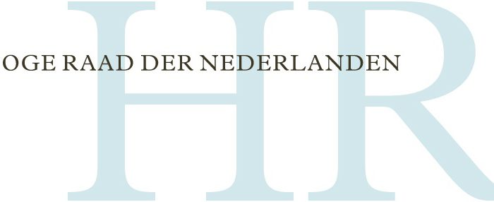 Logo met de tekst „OGE RAAD DER NEDERLANDEN” in zwarte letters boven de grote lichtblauwe initialen „HR”, die de Hoge Raad der Nederlanden voorstellen.
