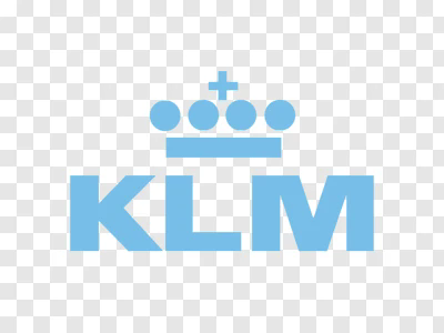 Een lichtblauw KLM-logo met een gestileerde kroon boven de letters, weergegeven op een doorzichtige achtergrond met ruitjespatroon.