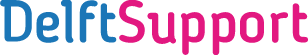 Het logo bestaat uit het woord „DelftSupport“, waarbij „Delft“ in het blauw en „Support“ in het roze is weergegeven, in een afgerond schreefloos lettertype op een lichtgrijze achtergrond.