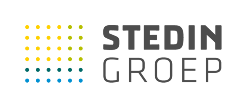 Het logo van de Stedin Groep met links een raster van gekleurde stippen en rechts de bedrijfsnaam in vetgedrukte, gewone grijze tekst.
