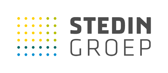 Het logo van de Stedin Groep met links een raster van gekleurde stippen en rechts de bedrijfsnaam in vetgedrukte, gewone grijze tekst.